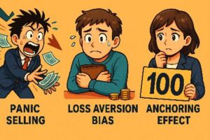 「パニック売り」「損失回避バイアス」「アンカリング効果」をイメージしたキャラクター